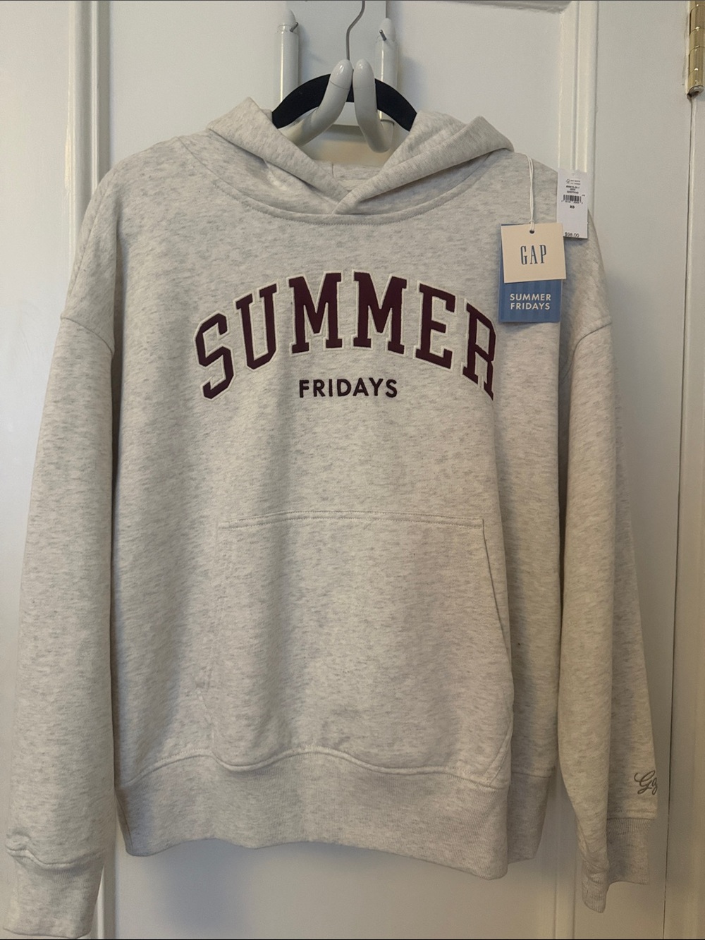 GAP Light Heather Gray Hoodie with Maroon 'SUMMER' Appliqué